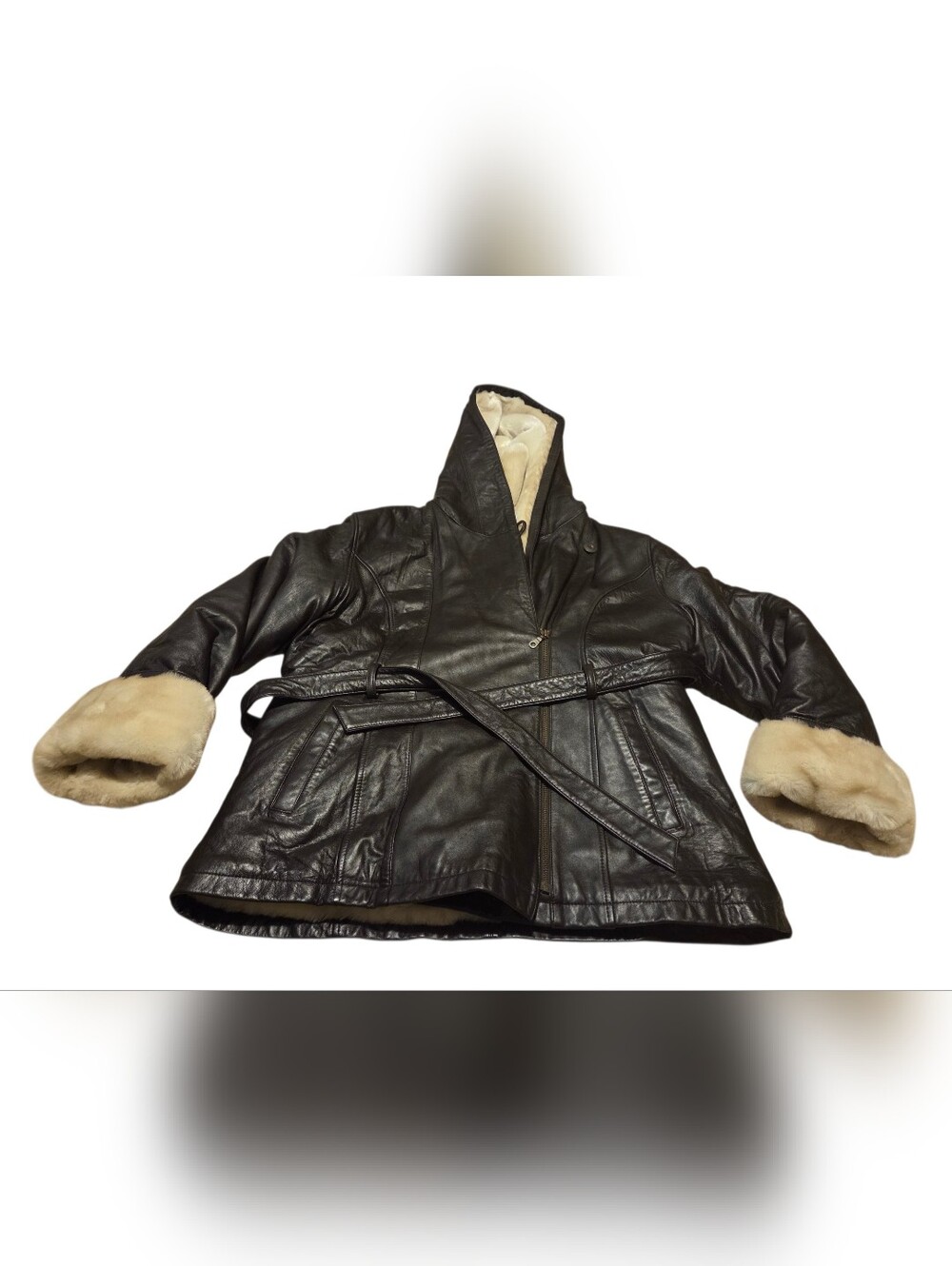 Women’s XL Wilsons Leather Genevieve Faux Fur Hooded Belted Leather Coat Jacket